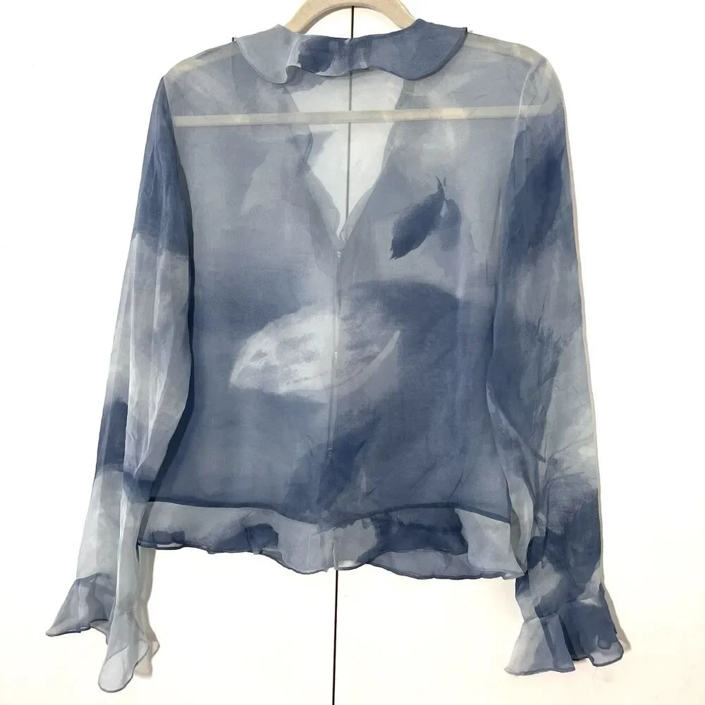Mag Blouse Size 8 100% Silk Sheer Blue Ruffle Hem Feminine Whimsigoth Fairy - Picture 2 of 6